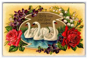 Swans Roses Flowers Love Romance Valentines Day UNP Embossed DB Postcard L17