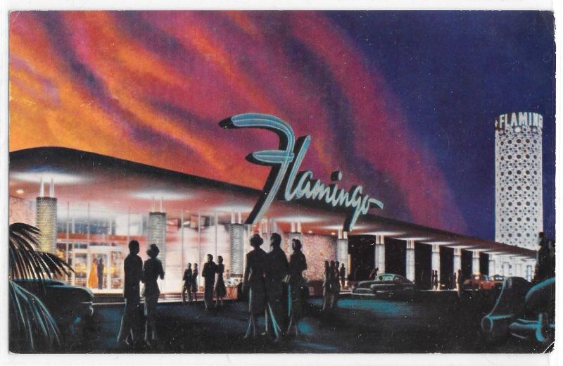 Las Vegas Nevada Hotel Flamingo Orange Sunset Artist Drawn Showtime 50s Postcard