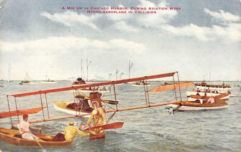 Aviation Week Hydro-Aeroplane Collision, Chicago Harbor c1910s Vintage Postcard