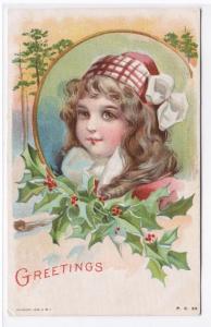 Beautiful Girl Red Hat White Ribbon Bow Christmas Greetings 1910c postcard