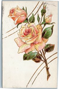 Pink yellow roses with gilding outline - made in Austria - embossed postcard