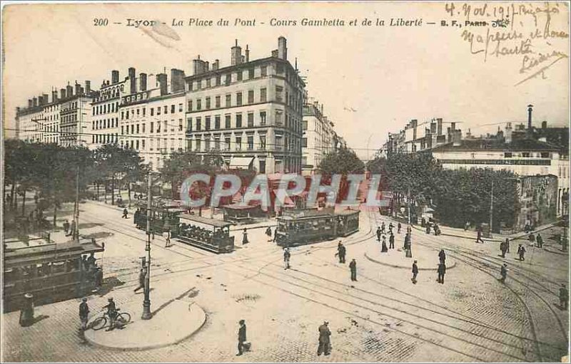 Old Postcard Lyon Place Gambetta bridge courses and Liberte Tram