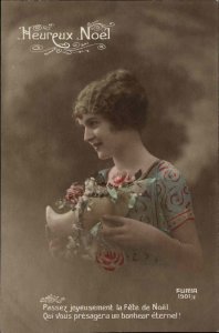 Beautiful Woman Shoe Flower Studio Prop Tinted RPPC Real Photo Vintage Postcard