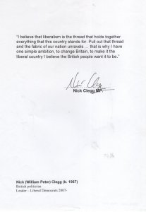 Nick Clegg Politician Hand Signed Politics Quotation Autograph