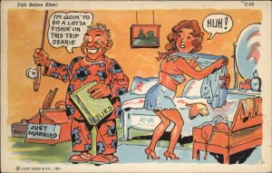 Curt Teich Risque Humor Fisherman Sexy New Bride Pinup Linen Vintage Postcard