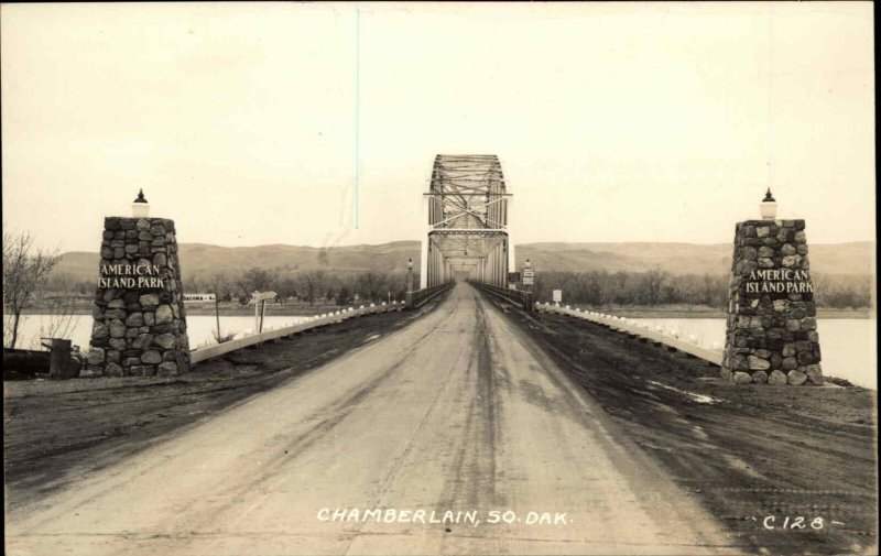 Chamberlain South Dakota SD American Island Park Bridge Real Photo Vintage PC