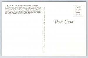 Military~USS Alfred A Cunningham~DD-752~Destroyer Sumner Class~Vintage Postcard