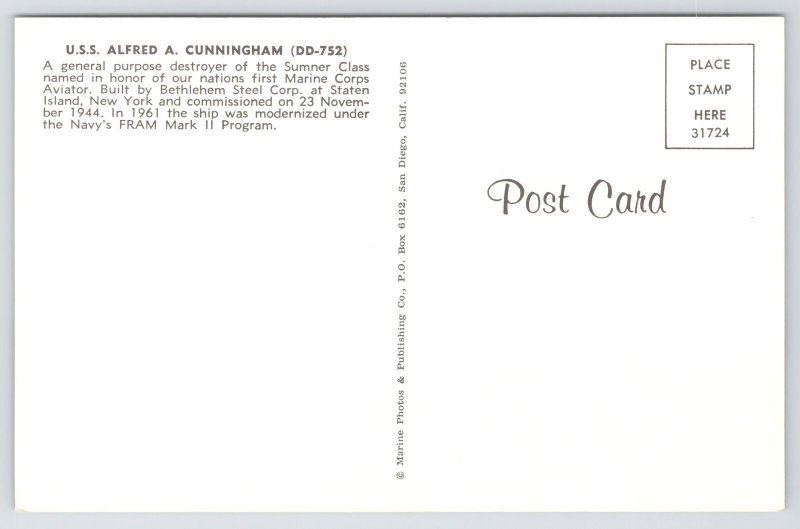 Military~USS Alfred A Cunningham~DD-752~Destroyer Sumner Class~Vintage Postcard