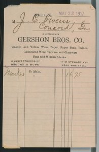 1917 Gershon Bros. Co. Stewart Ave Atlanta GA Invoice Paper Twines Glassware A35 