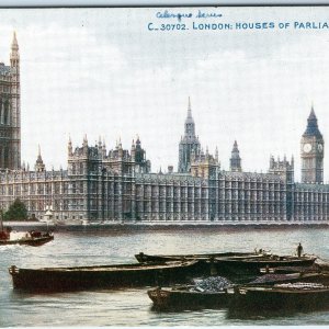 c1900s London, England Houses of Parliament Big Ben Clock Tower Thames Boat A353