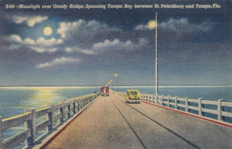 Moonlight over Gandy Bridge over Tampa Bay FL, Florida - pm 1947 - Linen