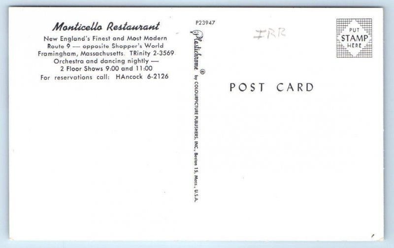 FRAMINGHAM, MA Massachusetts ~ MONTICELLO RESTAURANT c1950s  Postcard