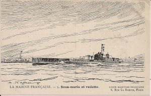 WWII French Navy, Submarine at Sea 1935-45 Drawing, Art, Military Ship