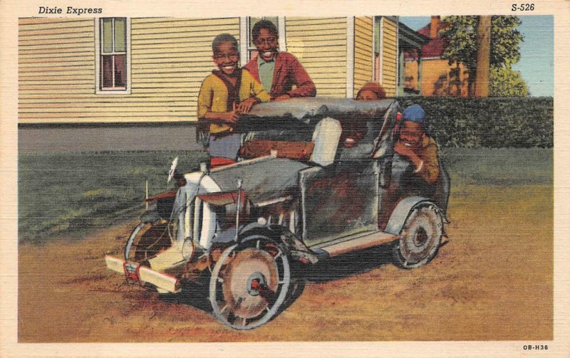 DIXIE EXPRESS OLD CAR CHILDREN BLACK AMERICANA POSTCARD (c. 1940s)