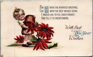 1915 NEW YEAR WISHES FARGO N. DAKOTA CHILD POINSETTIA POETIC POSTCARD 20-184 