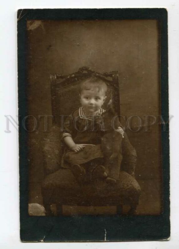 3103690 Cute Girl w/ TEDDY BEAR Toy on Chair Vintage REAL PHOTO