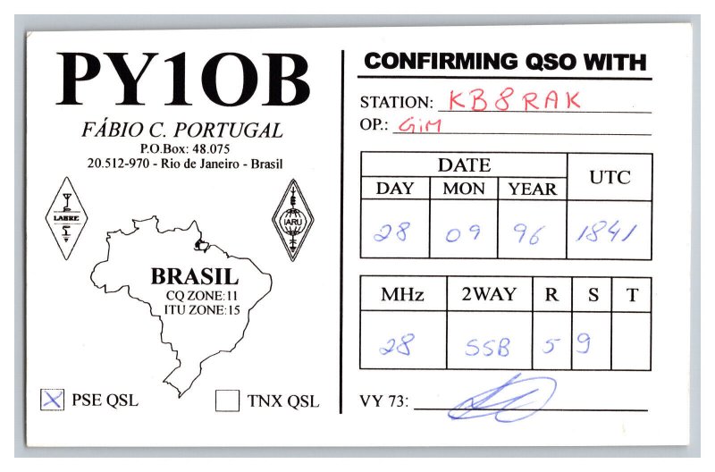 Postcard QSL CB Ham Radio Amateur Card From Rio De Janeiro Brasil PY1OB