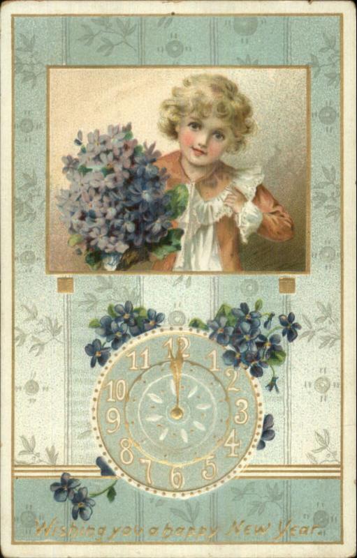 New Year - Sweet Little Boy w/ Flower Bouquet - Clock TUCK c1910 Postcard