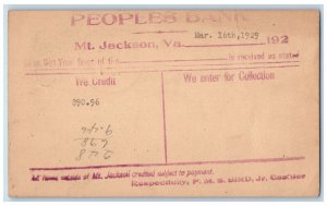 1929 Peoples Bank We Credit $90.96 Mt. Jackson Virginia VA Antique Postal Card