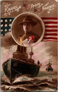 WWI KISSES FROM FRANCE USS WARSHIP NAVY ARMY US MILITARY Censor PM RPPC JD5