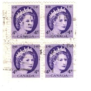 Scott # 340, Used Block of Canadian Queen Elizabeth II 4c Definitive Stamps