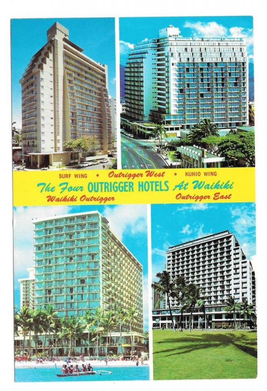 HI Four Outrigger Hotels Waikiki Vtg Hawaii Postcard