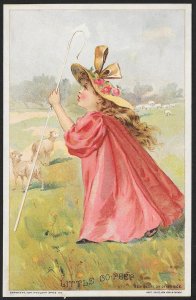 VICTORIAN TRADE CARD Woolson Spice Co Little Bo Peep in Pink Dress & Hat c1884