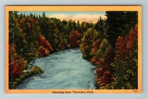Tekonsha MI-Michigan Greetings Scenic River View Vintage Linen Postcard