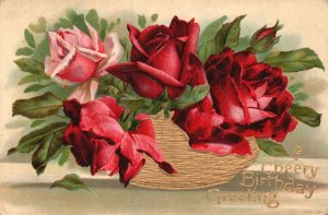 Vintage Postcard 1910's A Cheer Birthday Basket of Red Roses Flowers Greetings 