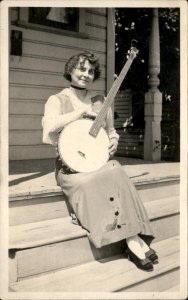 Fanny Hineline? Woman Banjo Player c1904-1918 Real Photo Vintage Postcard