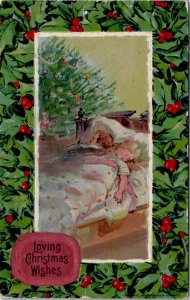 Christmas Wishes Children Sleeping Hollyberry Border Dec 24 1910 Postcard Z1