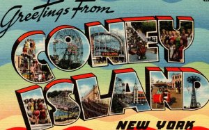 Greetings From Coney Island New York Large Letter Linen Postcard Cyclone Rides