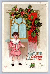 J92/ Merry Christmas Holiday Postcard c1910 Pretty Girl Window Toy 222