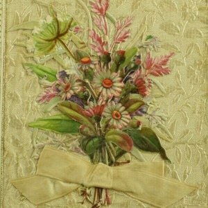 1880's Real Fabric Silk With Ribbon Victorian Card Beautiful Flowers Fab! P194 