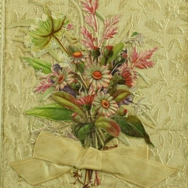 1880's Real Fabric Silk With Ribbon Victorian Card Beautiful Flowers Fab! P194