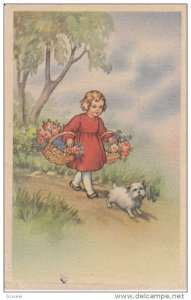 Little girl walking down a hill holding baskets of flowers with white little ...