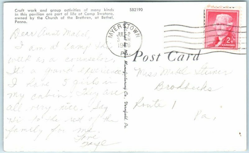 Postcard - Pavilion, West Area - Camp Swatara - Bethel, Pennsylvania 