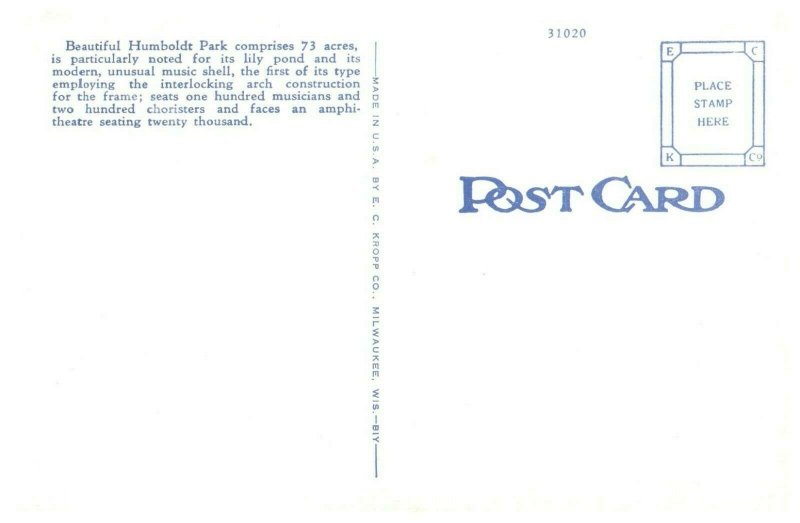 Humboldt Park Milwaukee Wisconsin Postcard