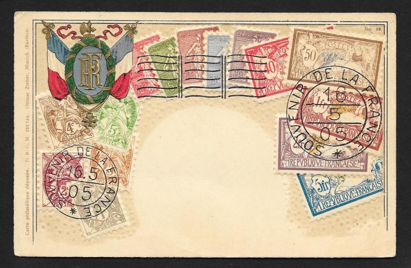 FRANCE Stamps on Postcard Embossed Shield Used c1921