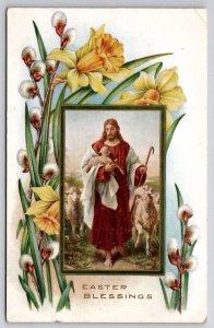 Easter Blessings Jesus With Lambs Picture Inset Amongst Daffodils Postcard O25