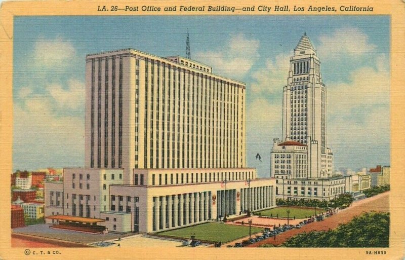 Los Angeles Post Office, City Hall and Federal Building Vintage Linen Postcard