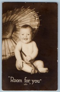 c1910's Smiling Baby With Japanese Umbrella Room For You RPPC Photo Postcard