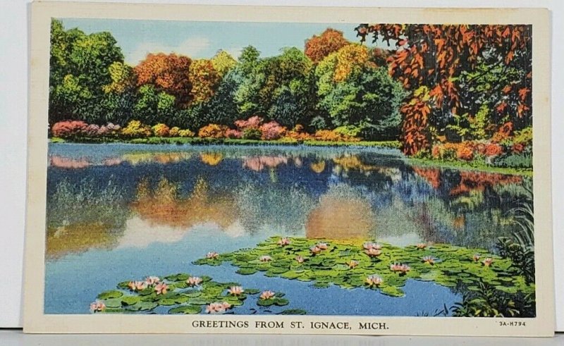 Greetings from St. Ignace Michigan 1930s Autumn Scenic Lake View Postcard J14