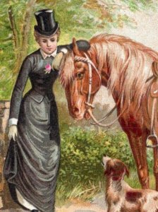 1880s Victorian Trade Card Equestrian Horse Cute Dog & Woman F129
