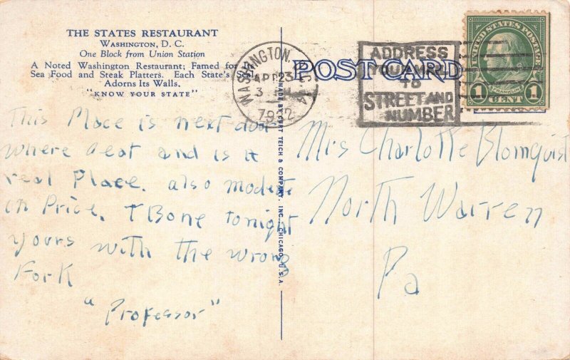 Postcard The States Restaurant in Washington D.C.