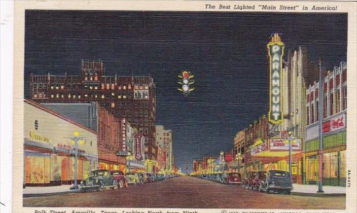 Texas Amarillo Polk Street Looking North From Ninth At Night 1943 Curteich