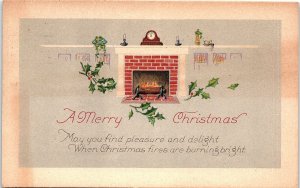 c1920 MERRY CHRISTMAS FIREPLACE CLOCK HOLLY CANDLE KENESAW NE POSTCARD 39-292