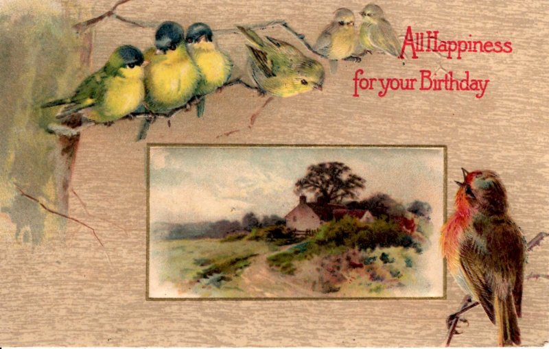All Happiness for your Birthday - Embossed - Birds - c1908