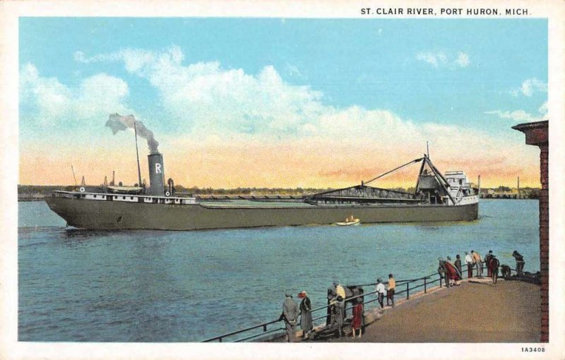 Port Huron Michigan view of boat ship St Clair River antique pc ZE686303