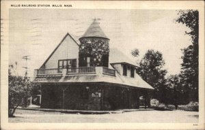 Millis MA RR Train Station Depot c1940 Postcard - B&W Linen